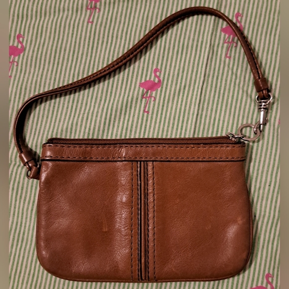 Vintage Y2K Fossil Tan Leather Boho Neutral Compact Wristlet Clutch w/ Keychain - Picture 1 of 8